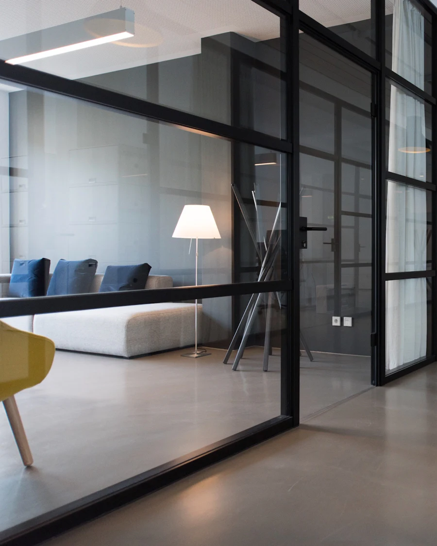 Office interior design — modern workspace with glass partitions