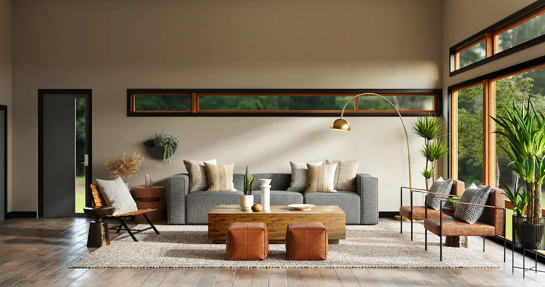 Home interior design — light-filled living room with tall windows